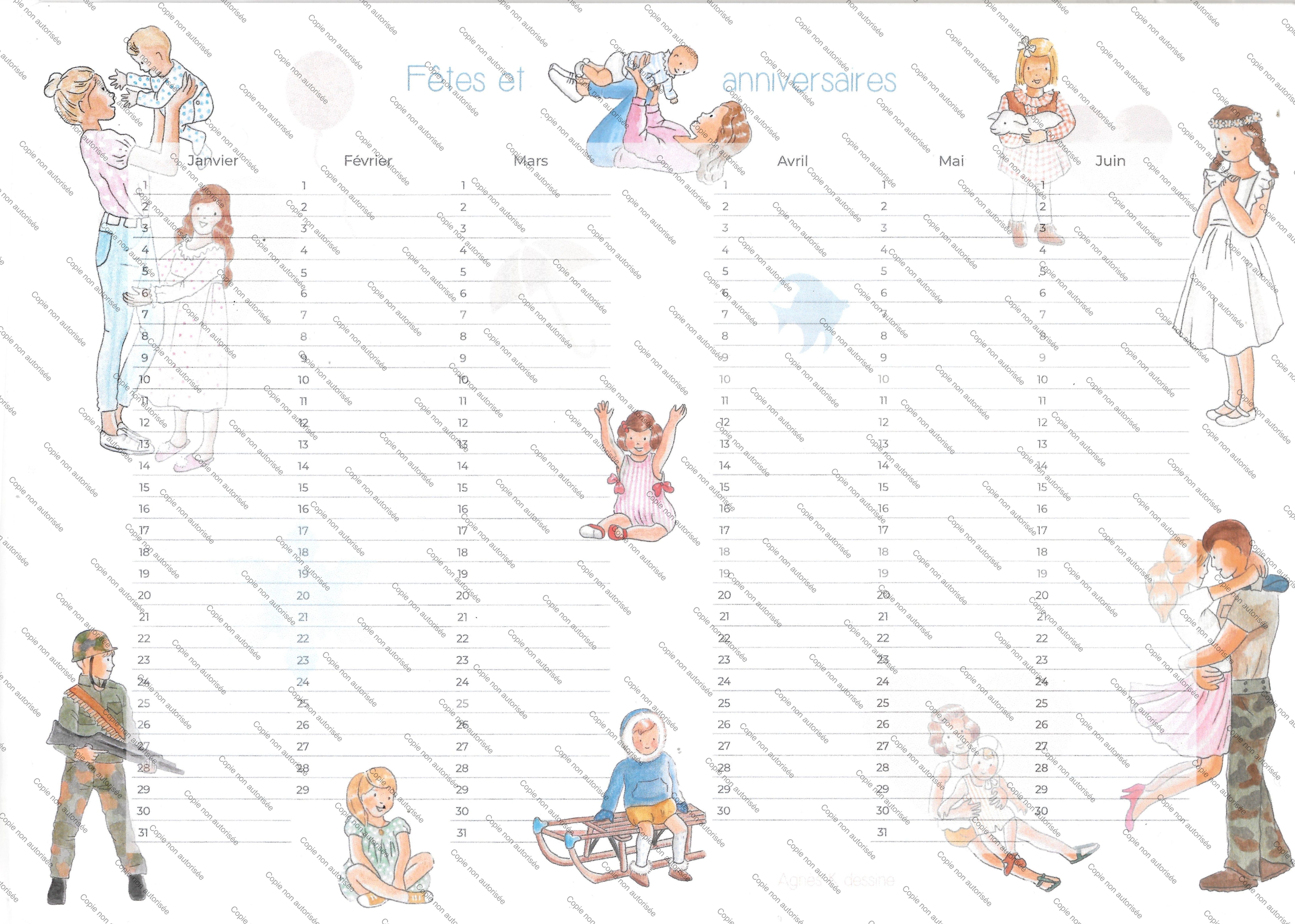 Calendrier perpétuel fêtes et anniversaires format A4