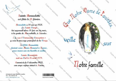 Carte double : format carte postale « Que Notre Dame de Lourdes veille sur notre famille »