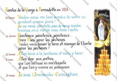 Carte simple : format 10,5 cm x 14,5 cm – « Paroles de la Vierge à Bernadette en 1858 » avec enveloppe