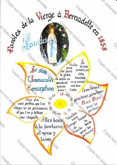 Carte simple : format 10,5 cm x 14,5 cm – « Paroles de la Vierge à Bernadette » dessin fleur avec enveloppe